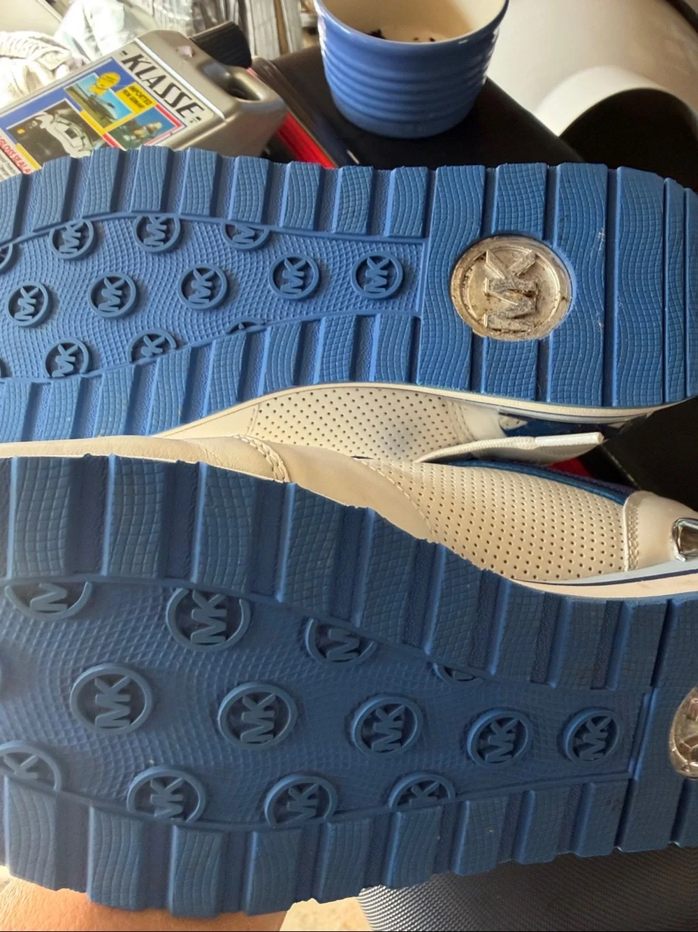 Michael Kors White and Blue Perforated Leather Sneakers